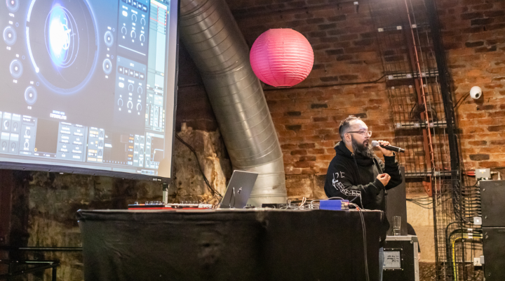 Ben Cantil performs at the Creative Informatics AI Showcase