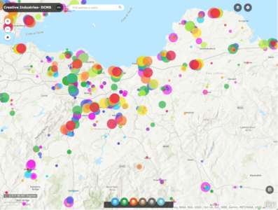 Figure 2: Screenshot of interactive map of the Creative Industries in the Edinburgh Region: https://ci-lab.maps.arcgis.com/apps/webappviewer/index.html?id=5073ce78f1af4fafb0bbd17f0a362054