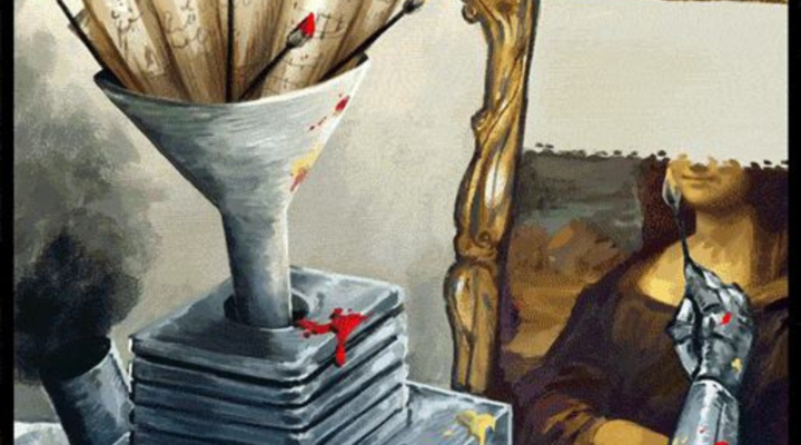 An illustration for the theme of “automating processes” showing a robot that takes historical art data as input and mechanically produces a painting.